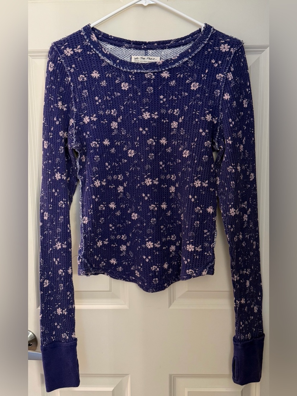 We The Free Distressed Floral 100% Cotton Waffle Long Sleeve, Purple, Medium